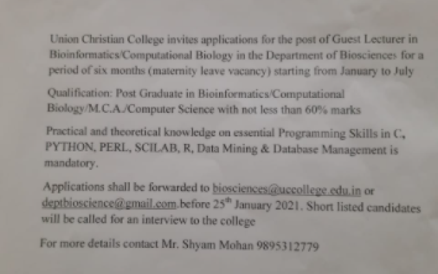 Vacancy of guest lecturer in Bioscience Department