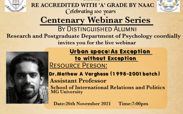 Centenary Webinar series – Urban Space: As Exception to Without Exception
