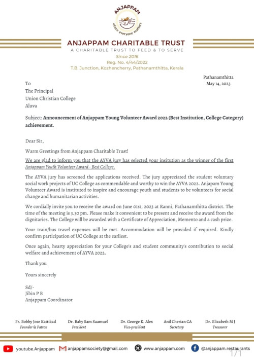 U.C College Wins the Anjappam Young Volunteer Award