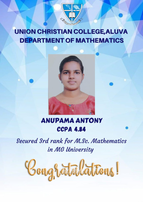 Congratulations to Anupama Antony for securing 3rd Rank in MG University Examinations