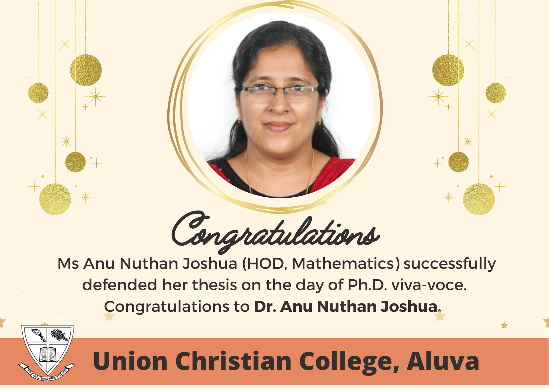 Congratulations to Dr. Anu Nuthan Joshua
