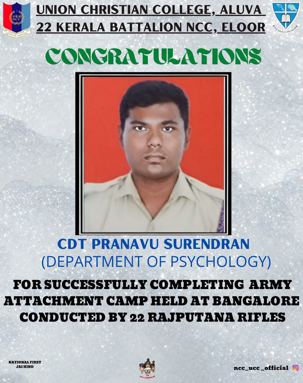 Congratulations to CDT Pranavu Surendran