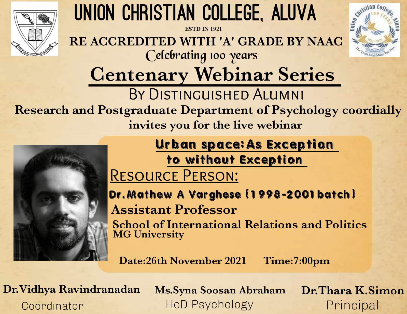 Centenary Webinar series – Urban Space: As Exception to Without Exception
