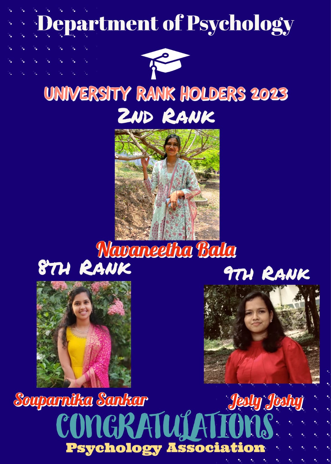 Congratulations to the Rank Holders of the Psychology Dept.