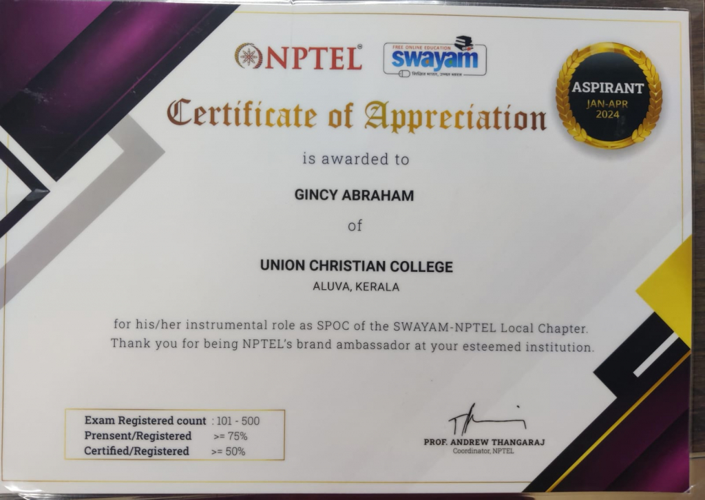 Union Christian College selected as an active local chapter of NPTEl courses.