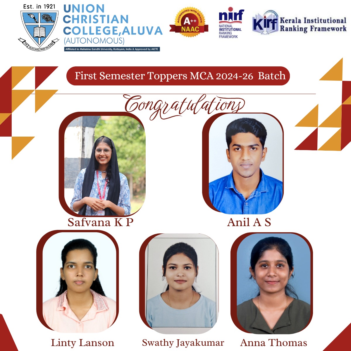 Toppers of the First Semester MCA 2024-26 batch