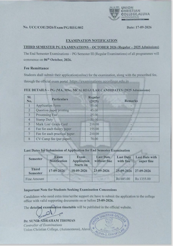 Examination Notification – PG 3rd Semester